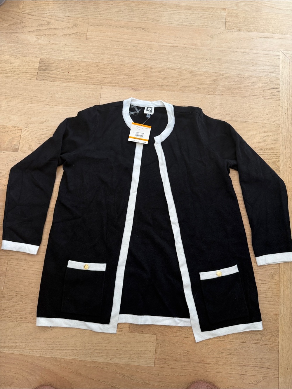 Anne Klein Black Open-Front Cardigan Jacket with White Trim